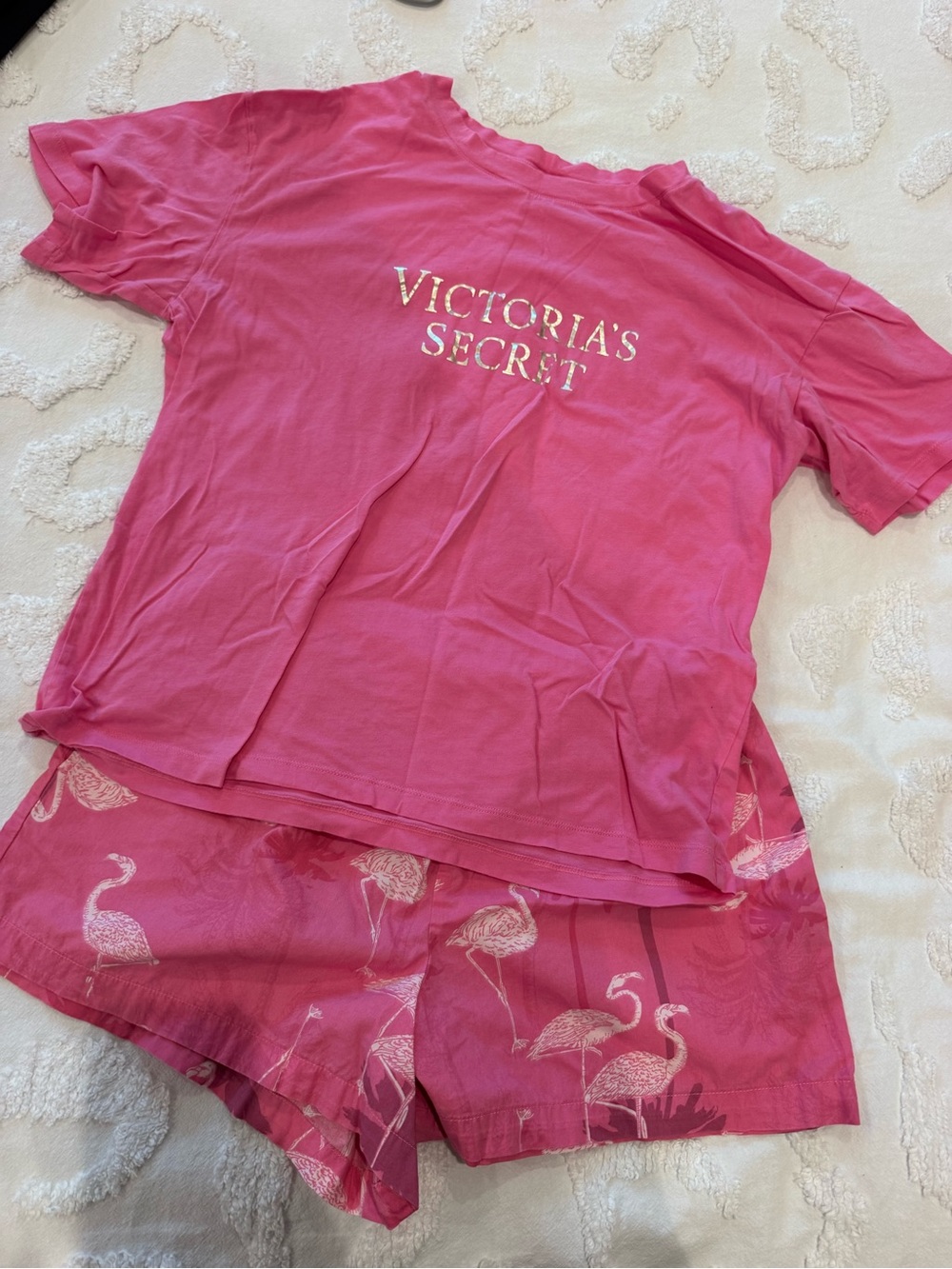 Victoria's Secret Hot Pink Short Sleeve Pajama Set with Flamingo Print